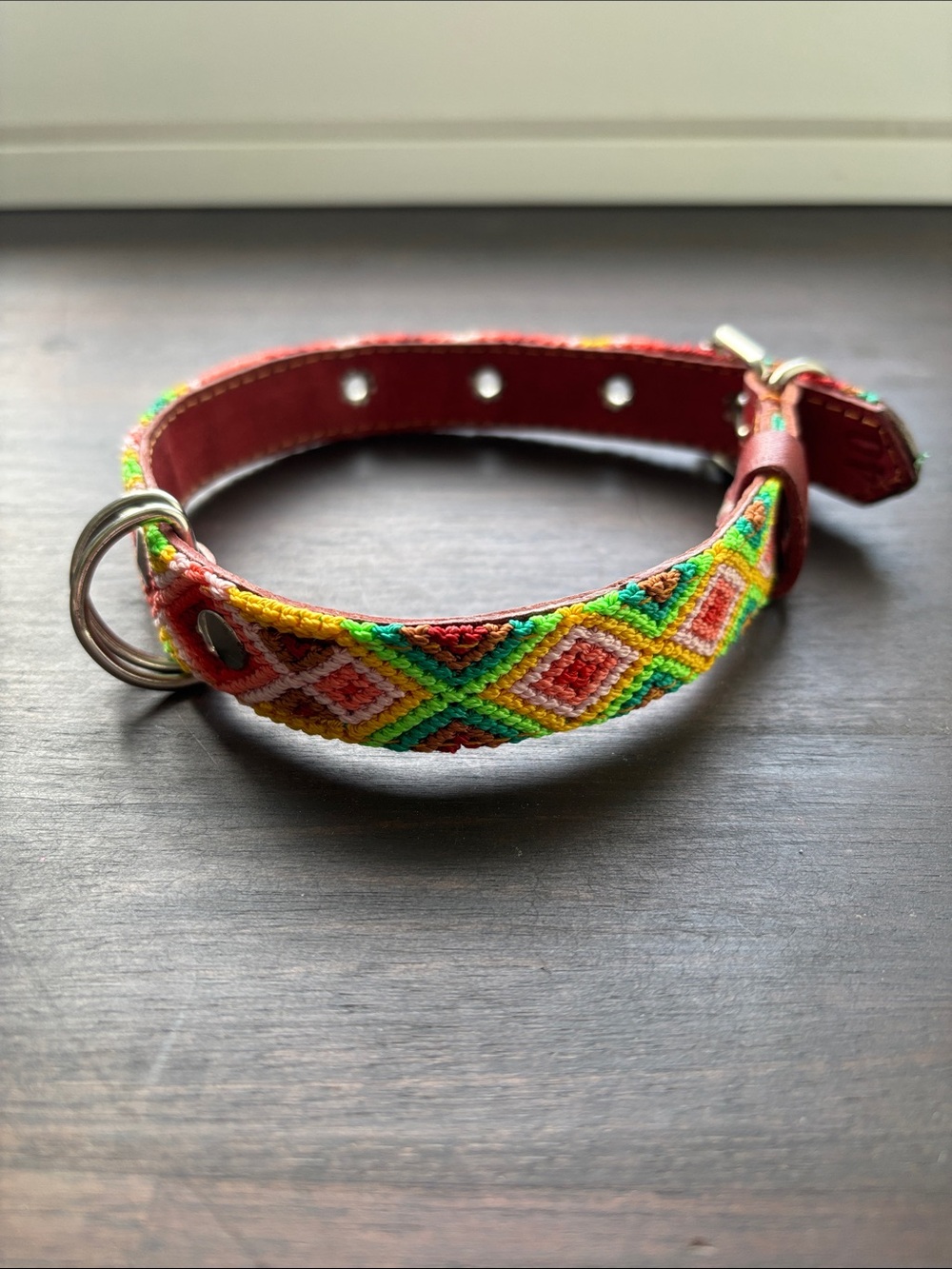 Handmade leather Beaded dog collar in Red, Green & Yellow Diamond Pattern